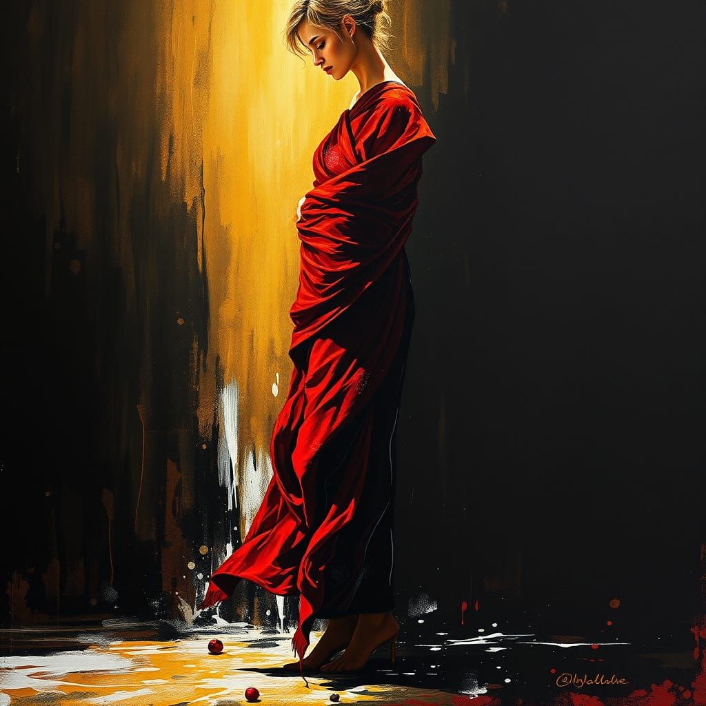 Enigmatic Woman in Crimson Shawl Against Ebony Void