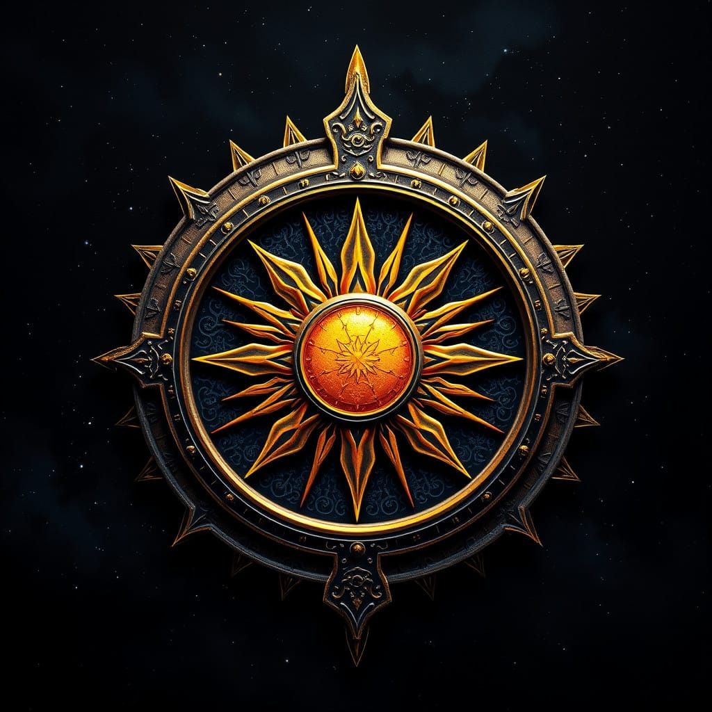 Majestic Sun Symbol in Ornate Shield with Celestial Patterns