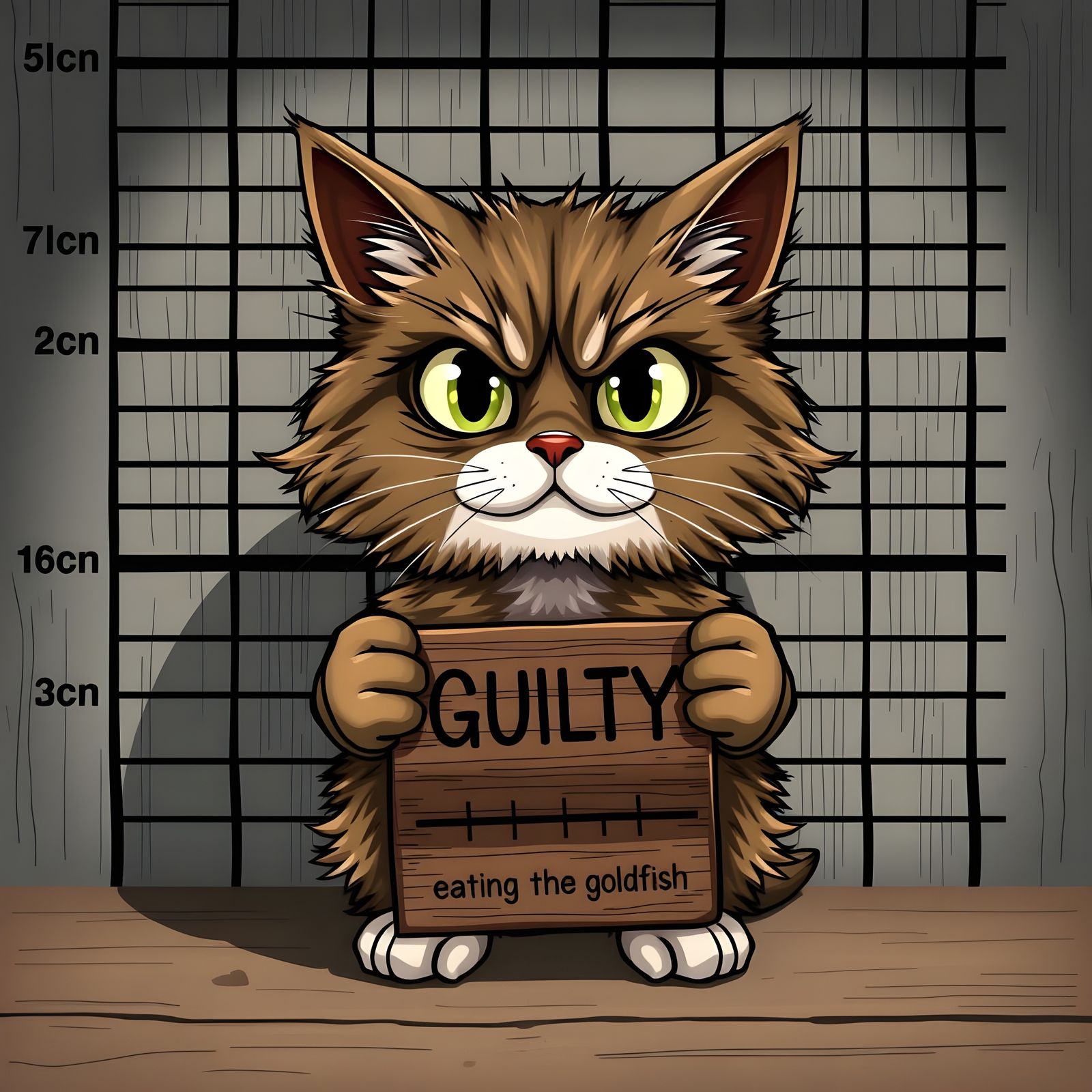 Guilty Cat Mugshot with Missing Goldfish Sign