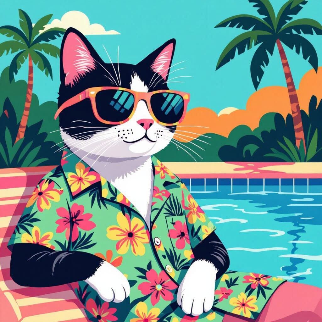 Cool Cat Lounging by Pool in Flat Design