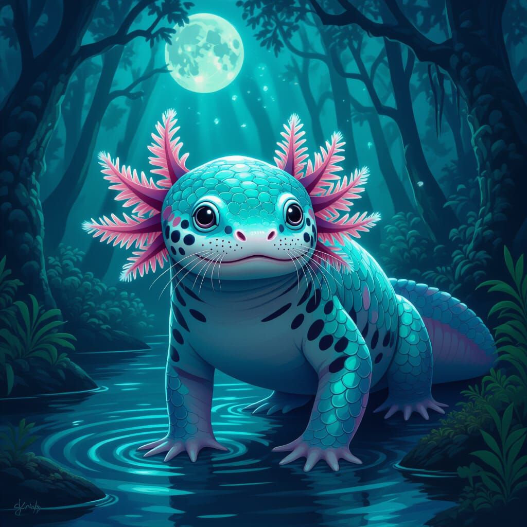 Mystical Jaguar Axolotl in Moonlit Forest