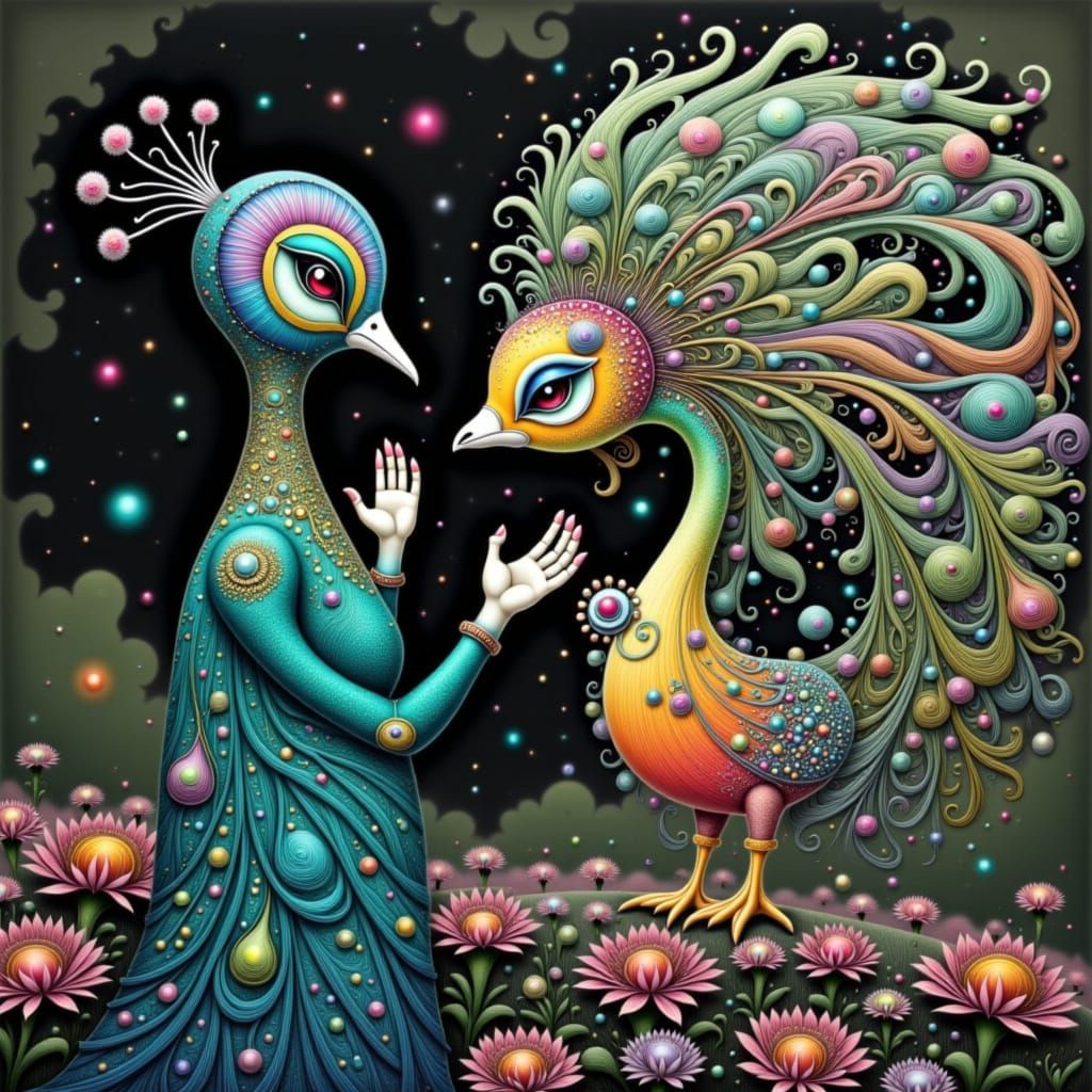 Iridescent Peacock Teases Glass Cat in Anime Style