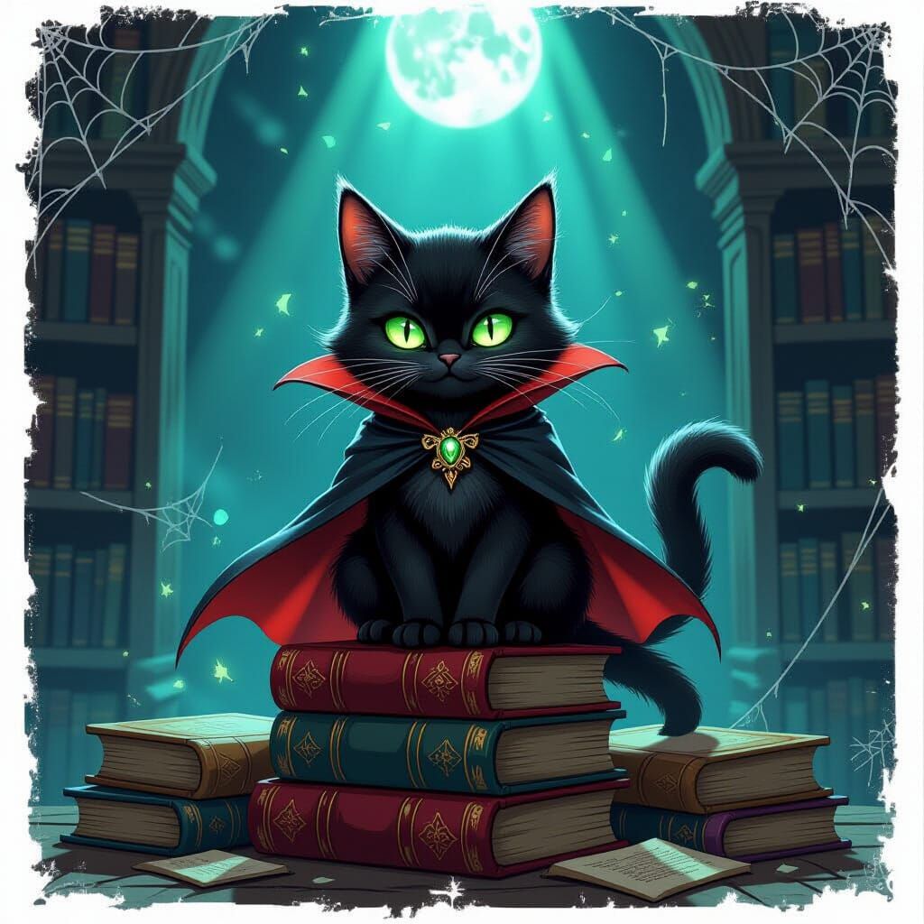 Vampire Cat Sits on Books in Moonlit Library