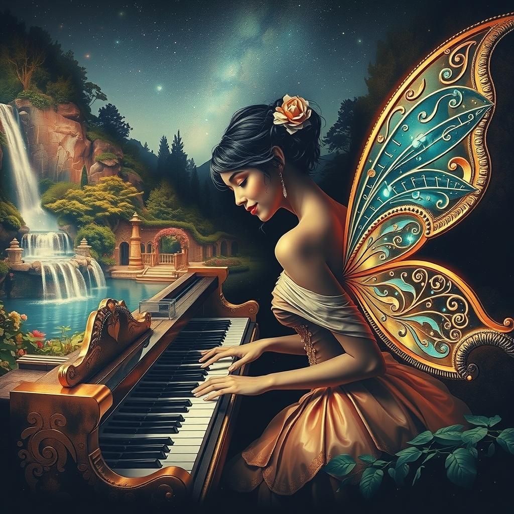 Golden Fairy Plays Piano in Dreamlike Garden