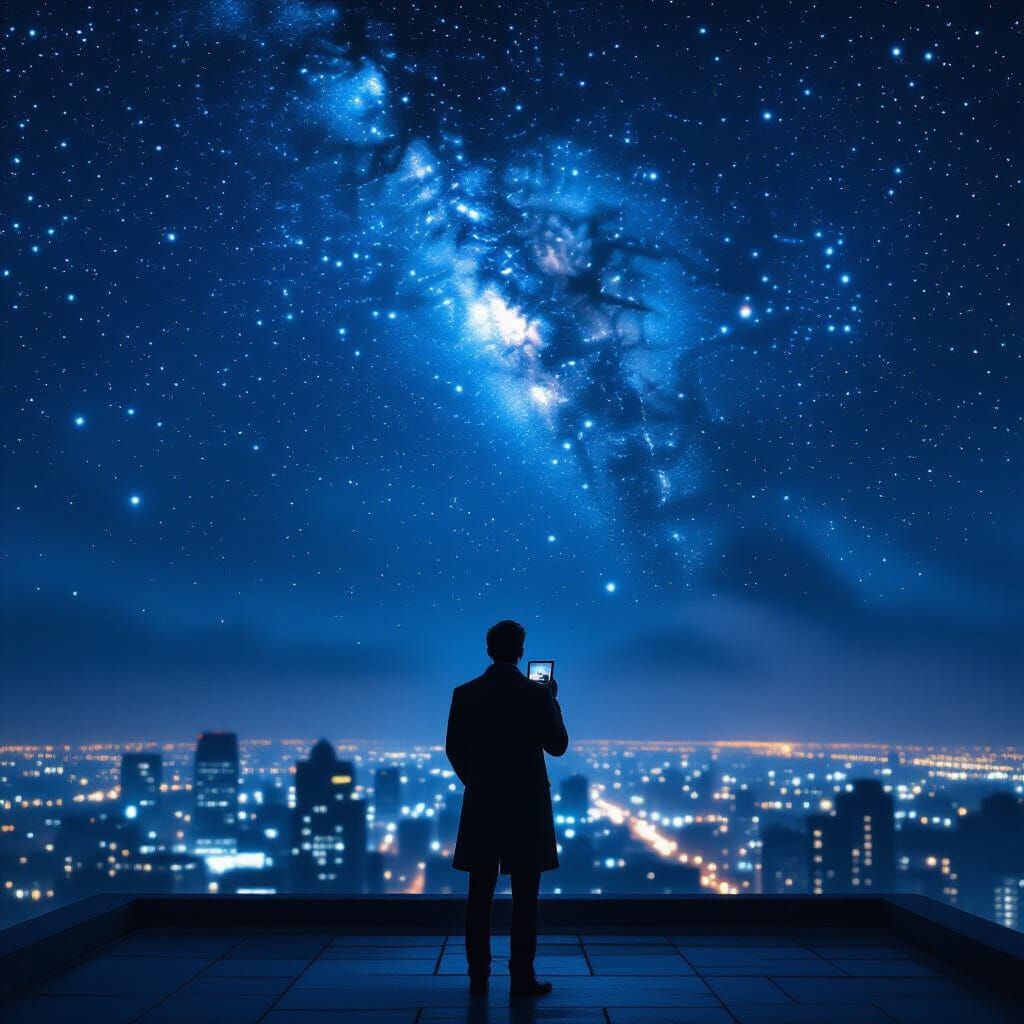 Man Gazing at Constellations in Atmospheric Night Scene