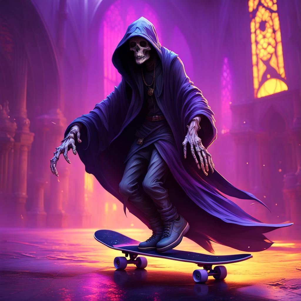 Skateboarding Grim Reaper: Dark Fantasy Concept Art