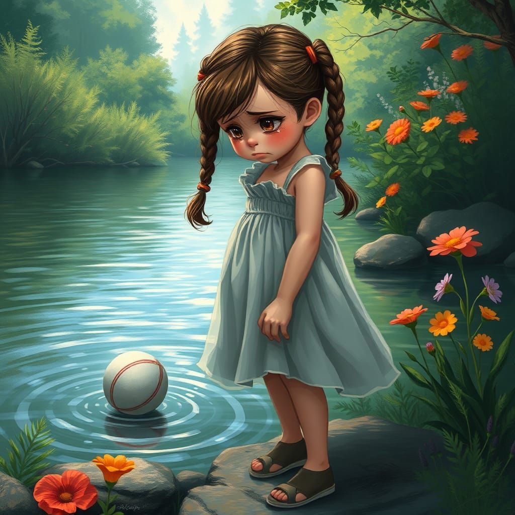 Girl Watching Ball Float Away: Digital Art