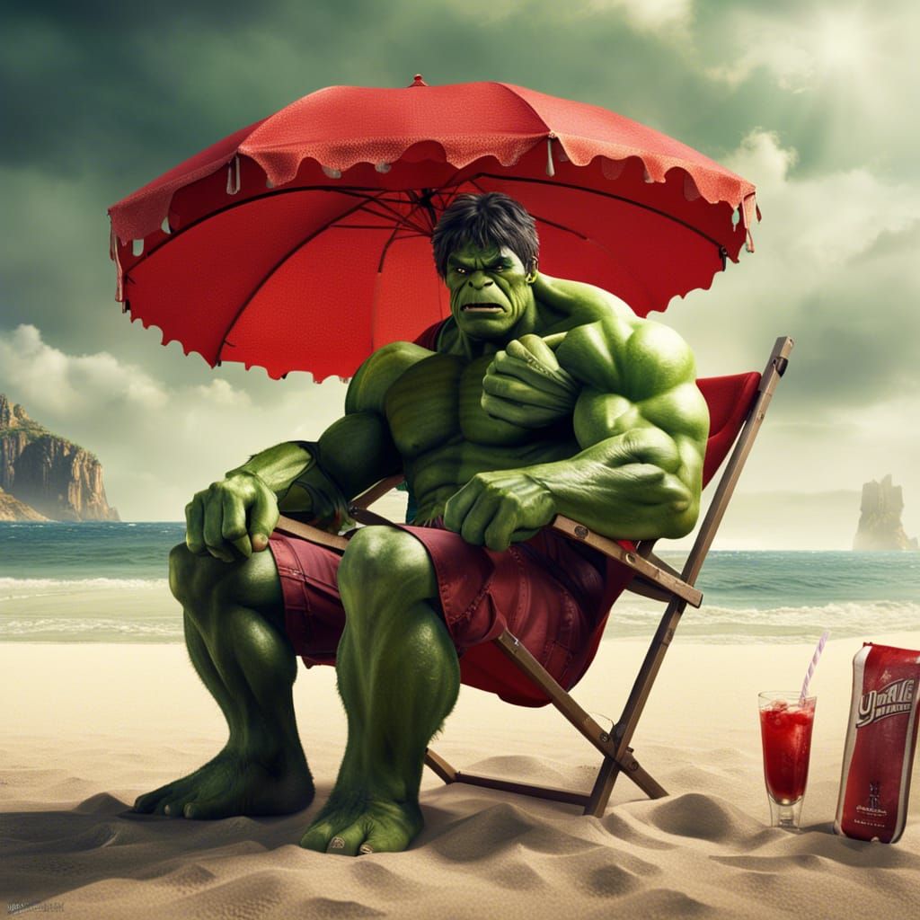the Incredible Hulk sitting in a beach chair with an umbrell...