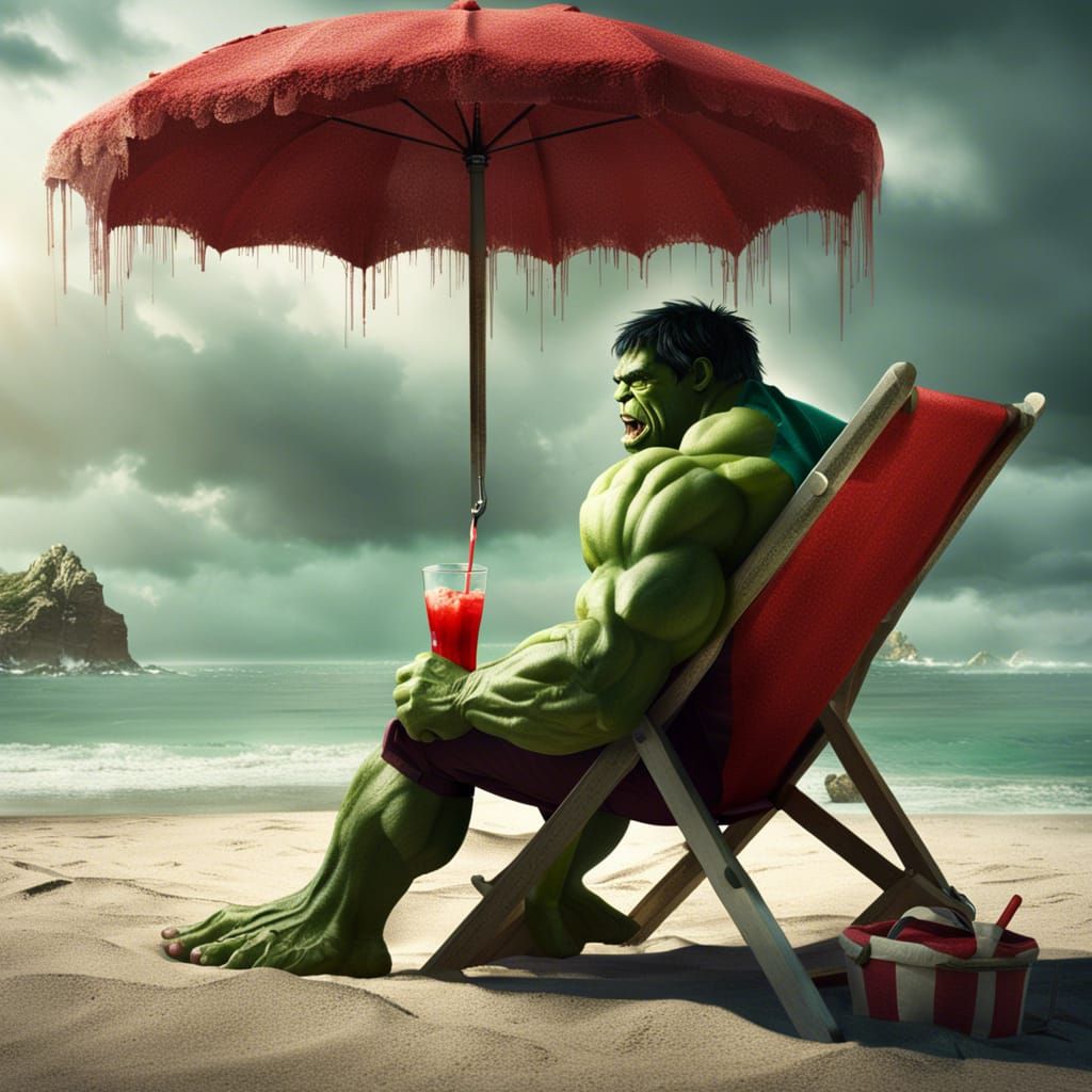 the Incredible Hulk sitting in a beach chair with an umbrell...