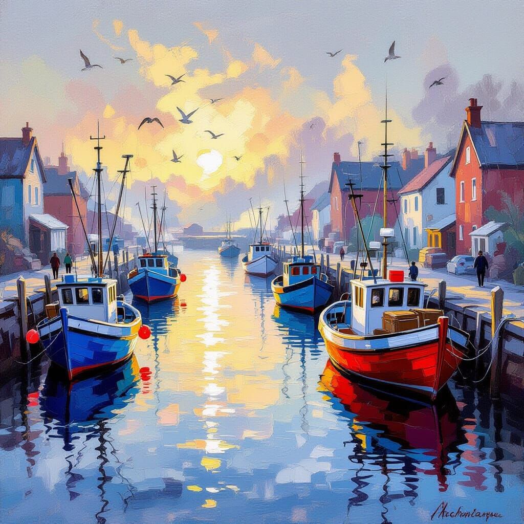 Dreamy Fishing Harbor at Dawn in Impressionistic Style