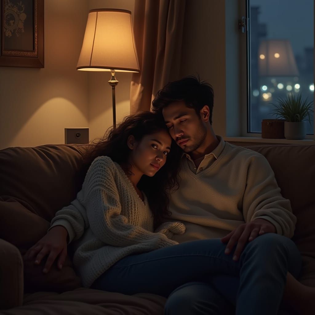 Intimate Moment: Wife Resting on Husband's Lap