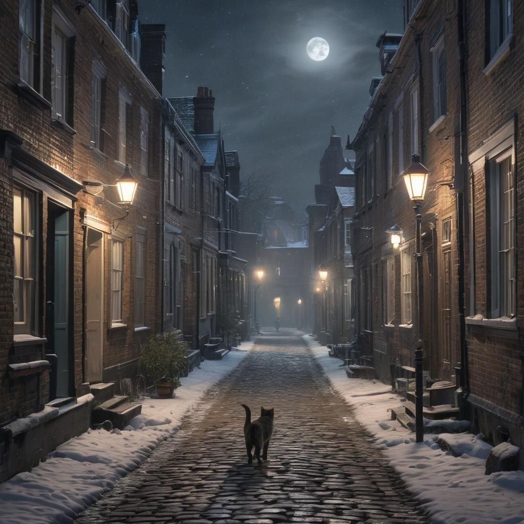 Man and Cat Stroll on Victorian Street