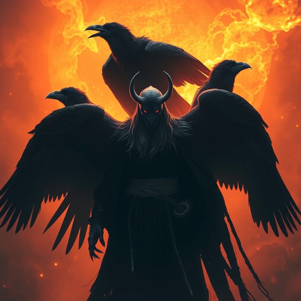 Odin's Ravens Engulfing Loki in Fiery Darkness