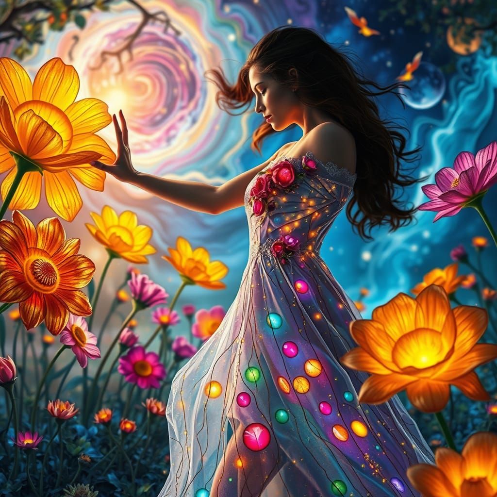 Surreal Digital Art: Woman Dancing in Flower Garden