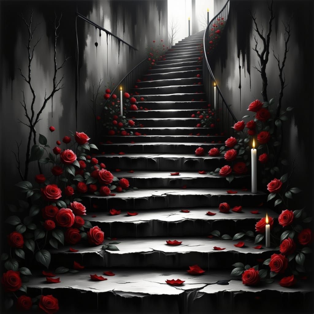 Vertigo Staircase with Red Roses in Gothic Style