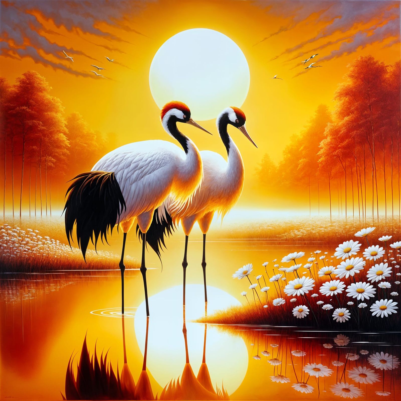 Cranes in Wetland at Sunset Painting