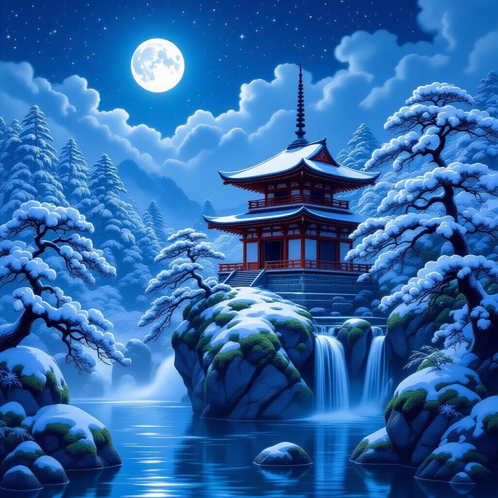 Serene Japanese Temple by Waterfall Under Moonlit Sky