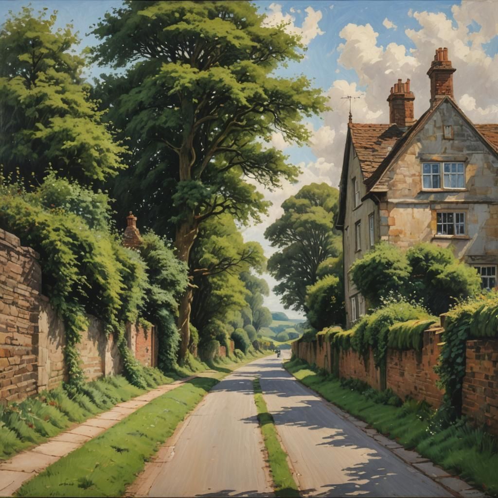 Idyllic English Country Road Oil Painting