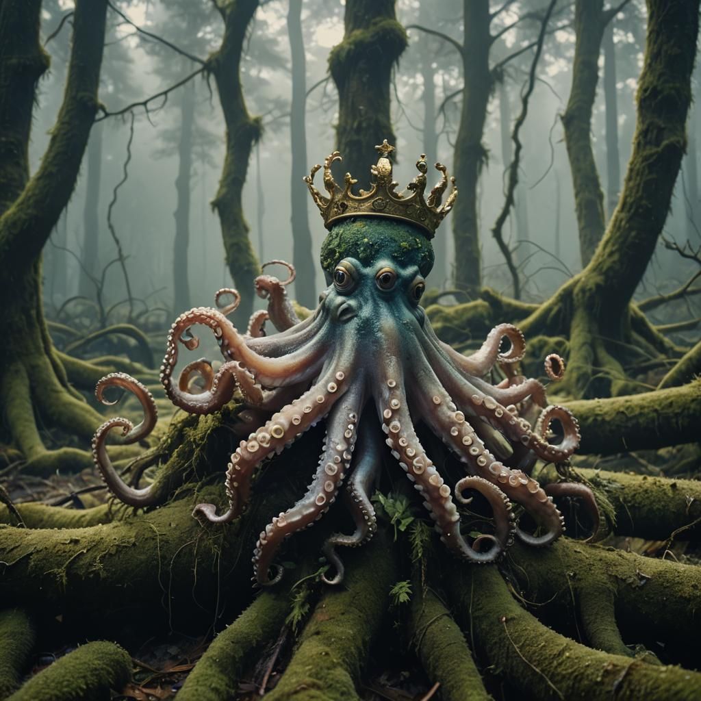 Crowned Octopus in Misty Forest: Cinematic Still