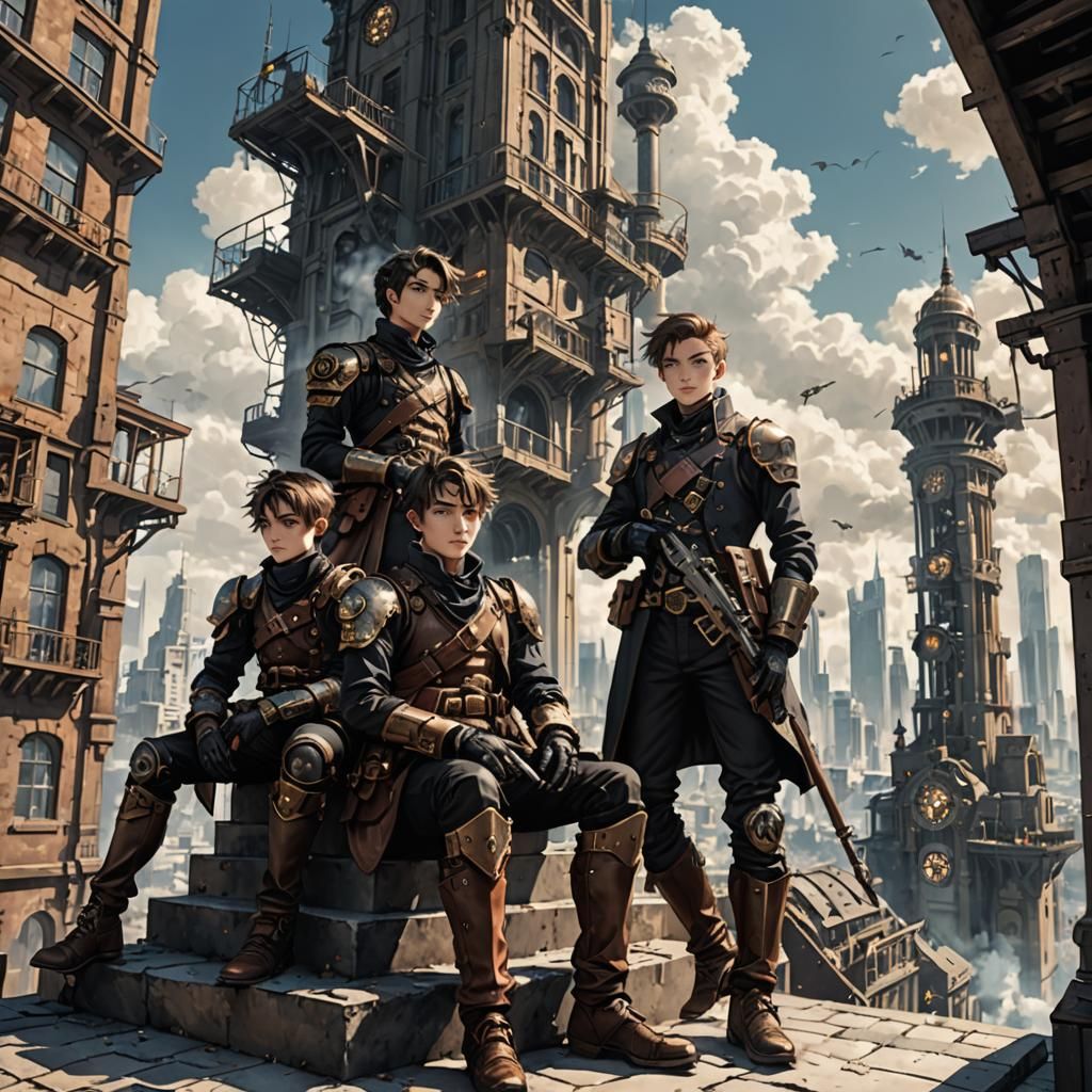 Steampunk Boys with Weapons in Cityscape Tower