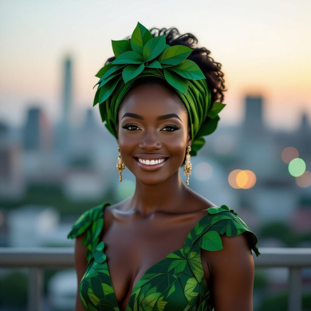 Smiling Woman in Leaf Dress, Urban Portrait