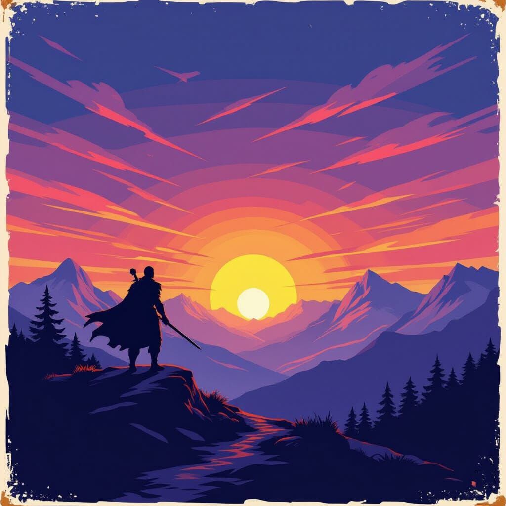 Lone Warrior at Sunset on Mountain Trail in Vintage Poster S...