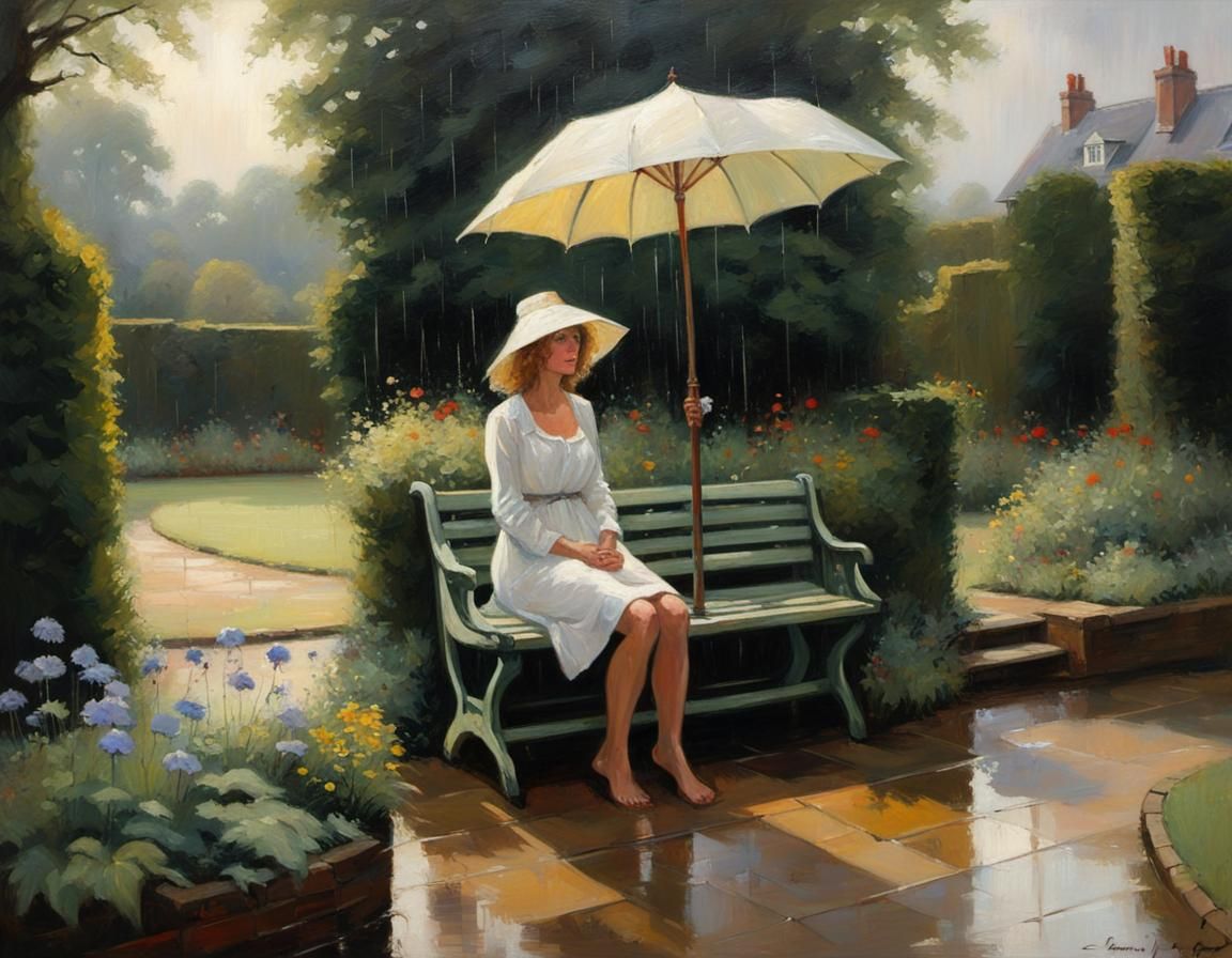 English Garden Scene: Oil Painting in the Rain