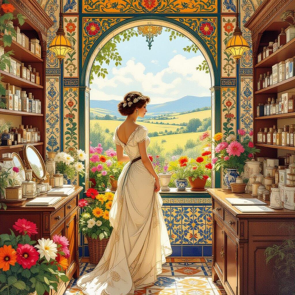 Elegant Woman in Vintage Spanish Perfumery