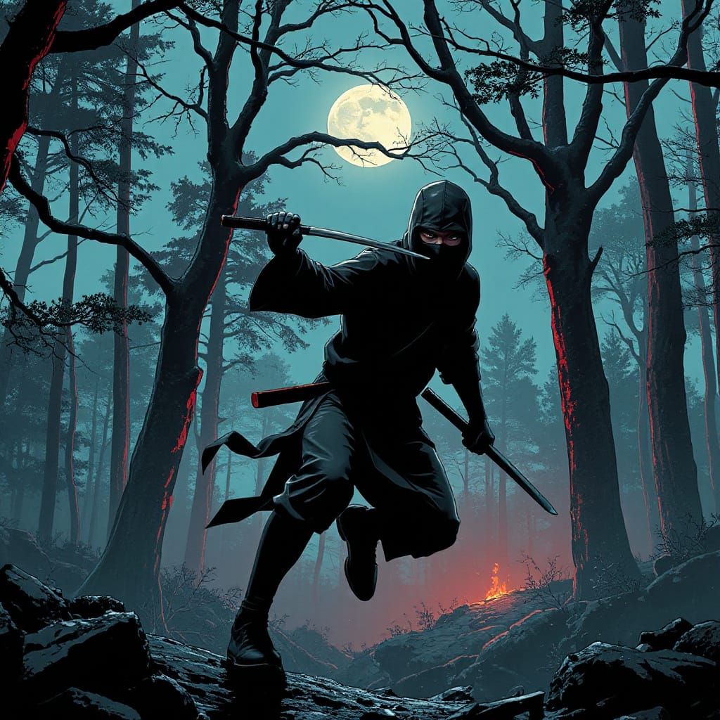 Stealthy Ninja in Moonlit Forest: A Cinematic Style