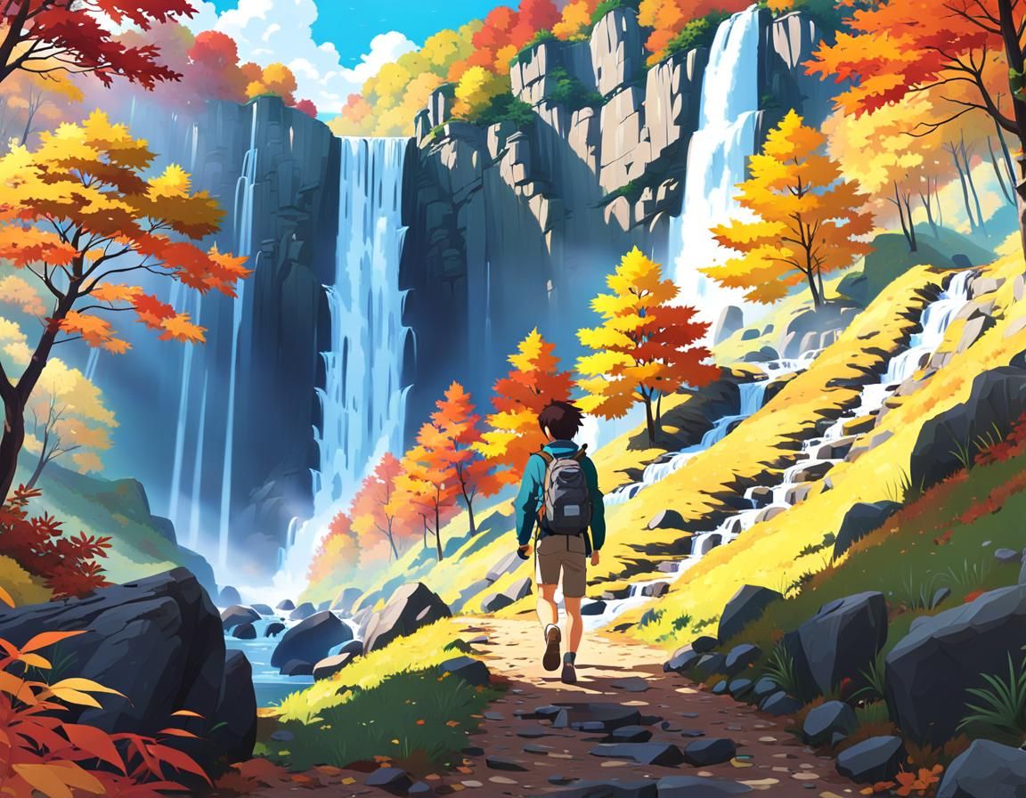 man encounters waterfall on a hiking trail