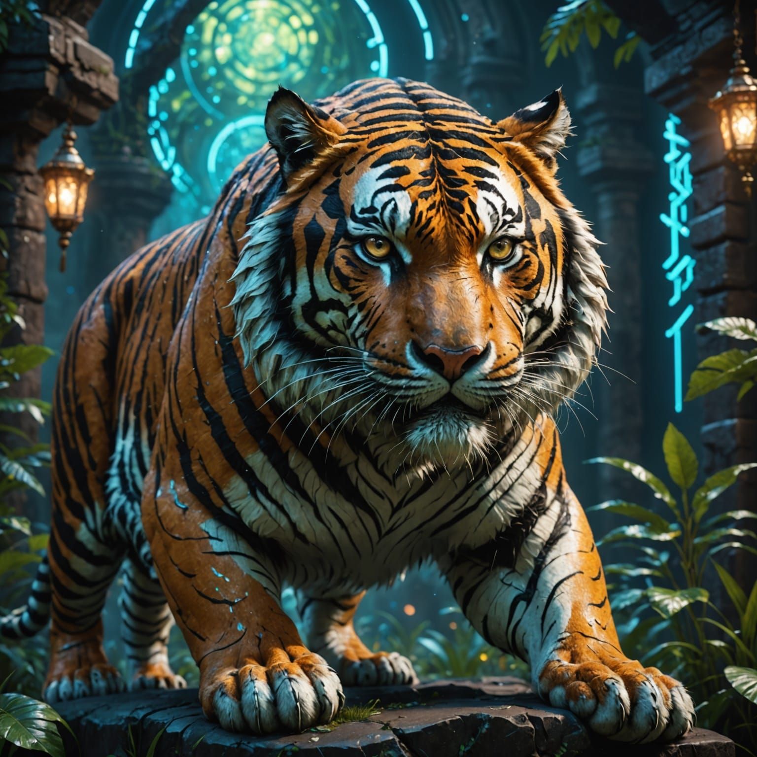 Hologram tiger detailed matte painting, deep color, fantasti...