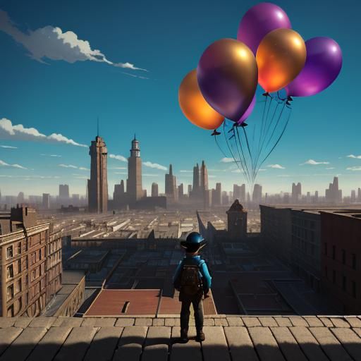 Steampunk Boy Releasing Balloons in Miyazaki Style
