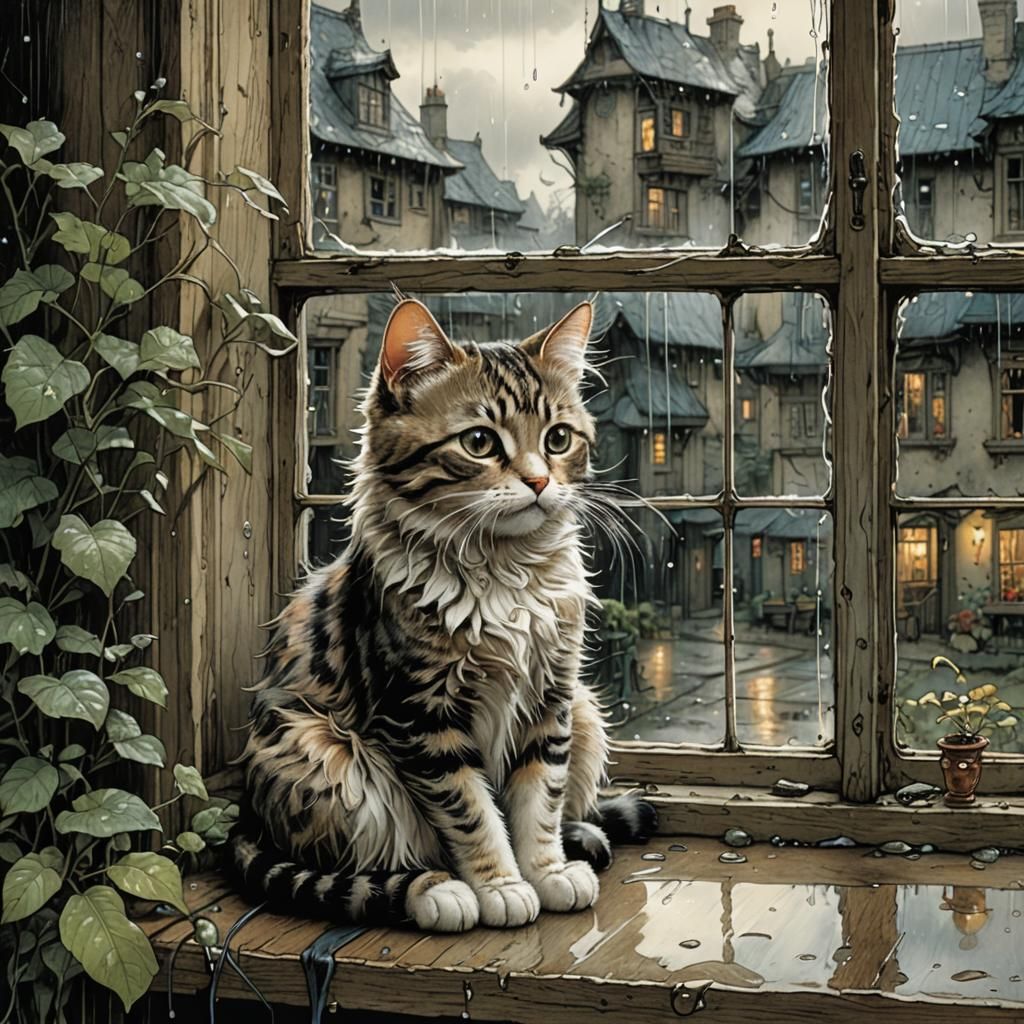 Cat Watching Rain: Expressive Fantasy Illustration
