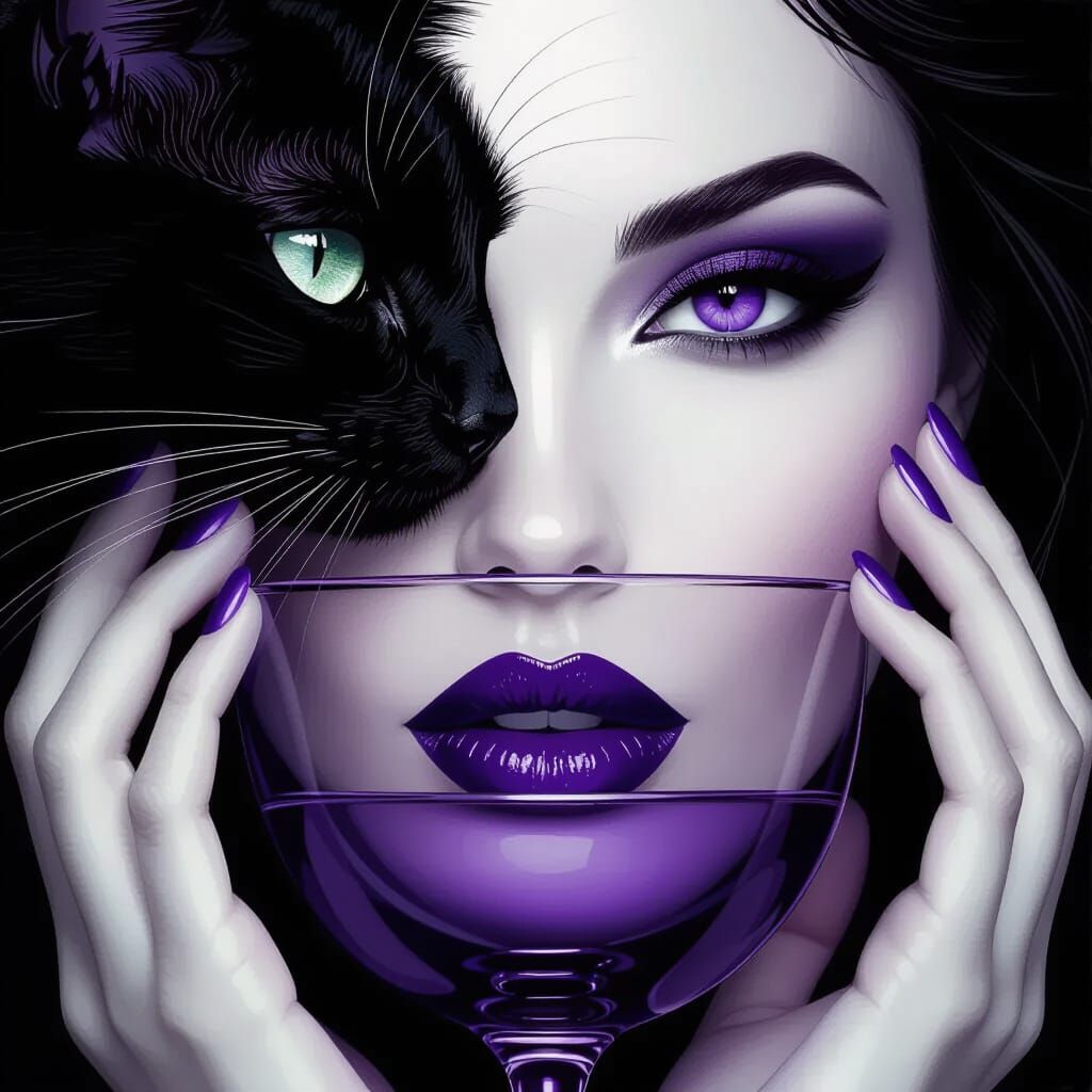 Woman's Face and Black Cat in Purple and Gray