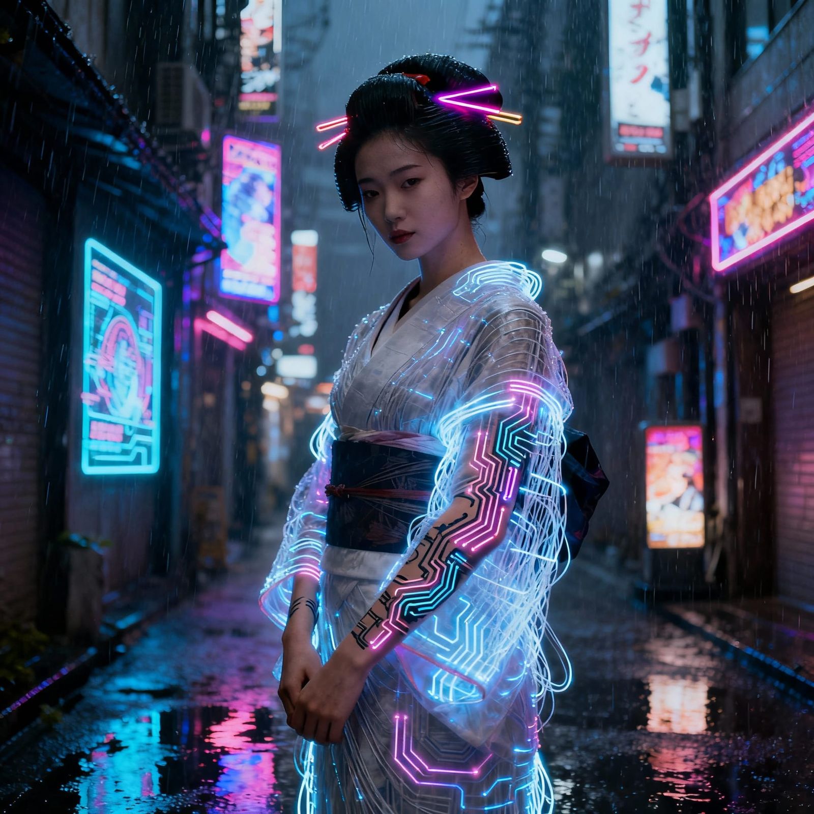 Cyberpunk Geisha in Neon Tokyo Alley