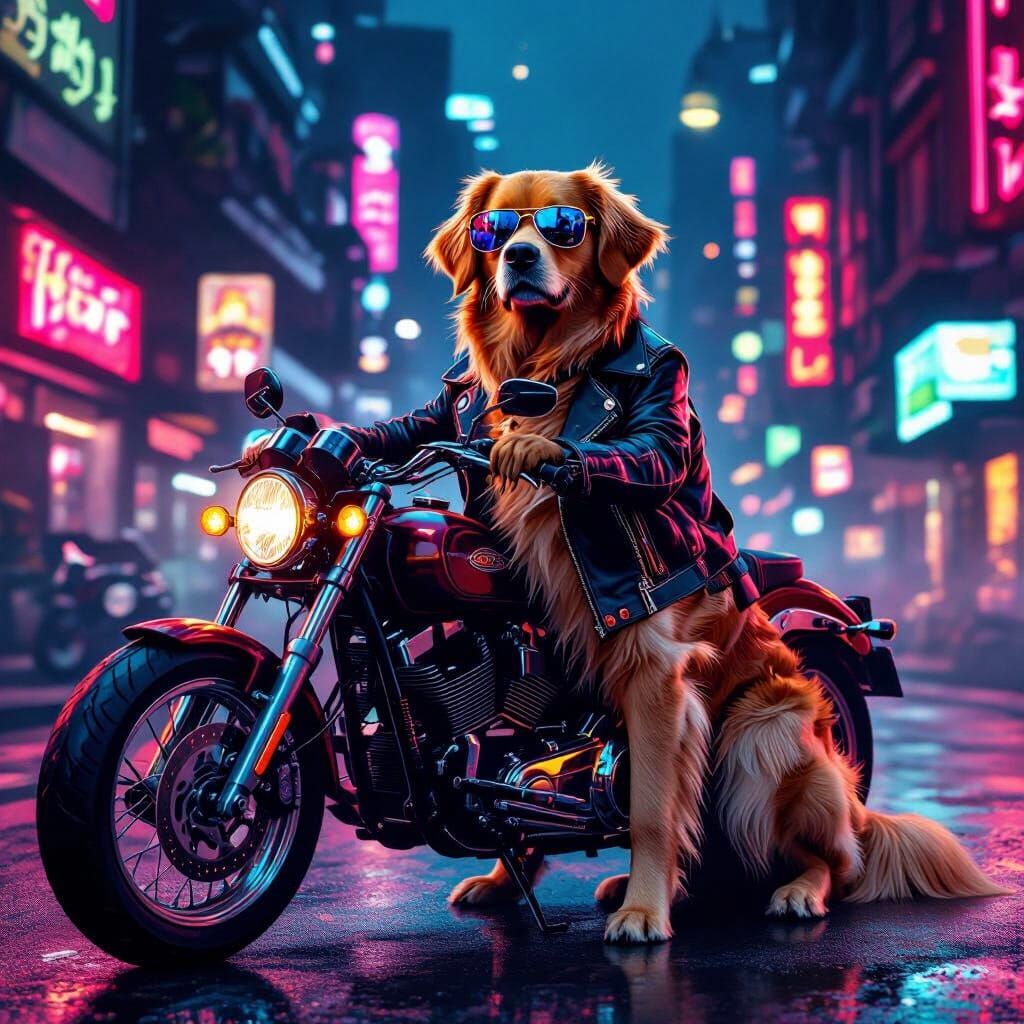 Golden Retriever in Cyberpunk Style on Motorcycle