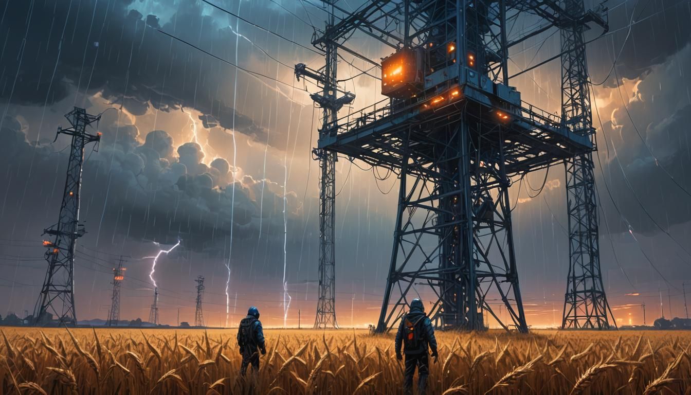 Cyberpunk Climber Ascends Tower in Electric Storm