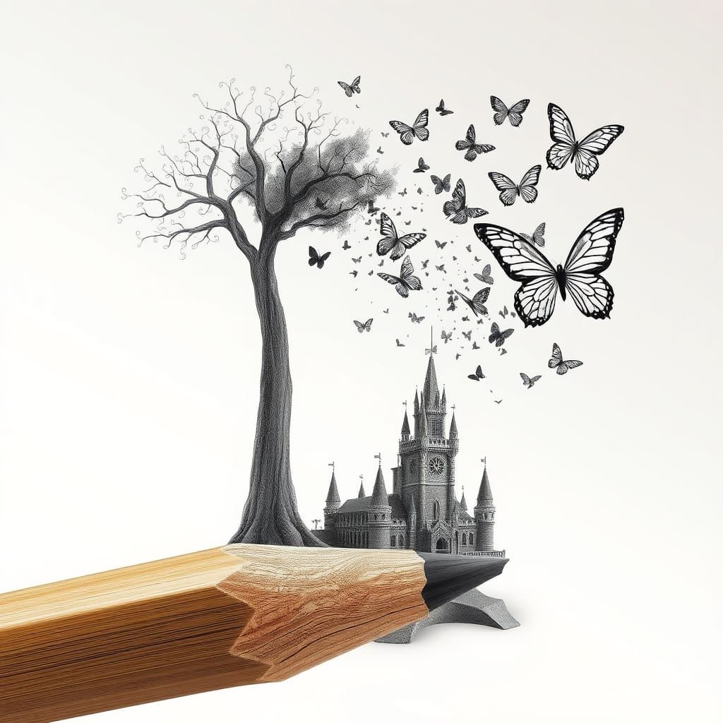 Pencil Tree Castle with Butterflies in Fractal Vector Style