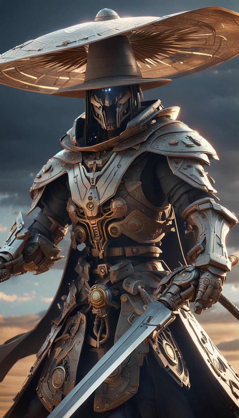 Futuristic Robot Warrior Swinging Sword in Wind