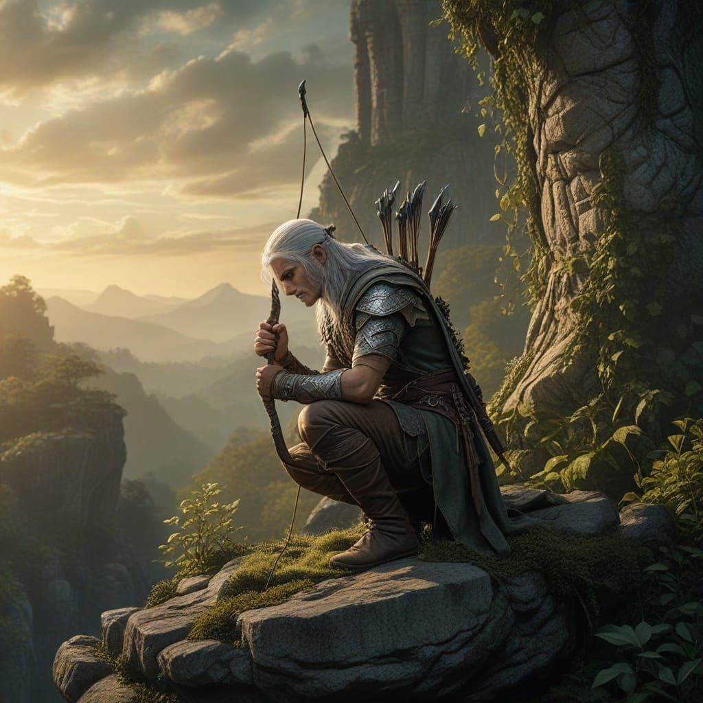 Elven Archer in Mist-Shrouded Forest, Illustration