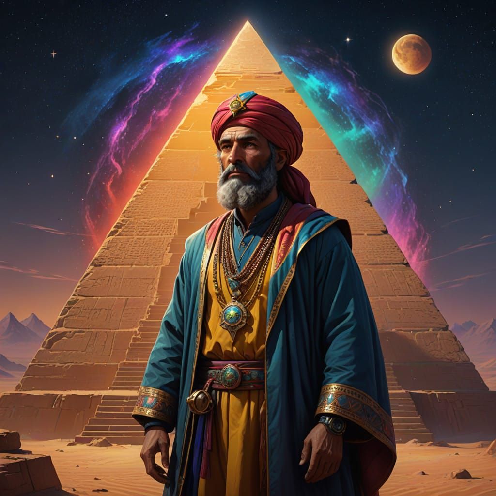 Ethereal Nocturnal Landscape with Pyramid and Celestial Star