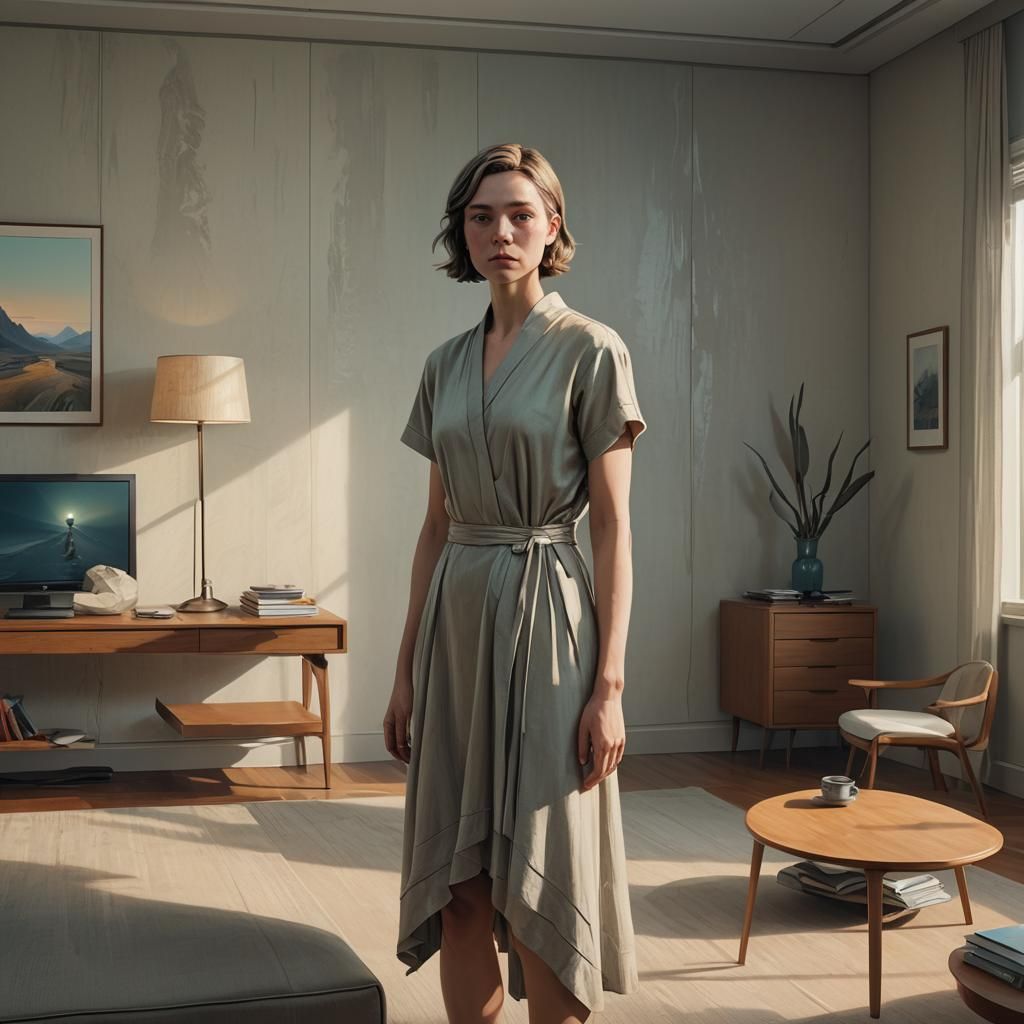 Woman in Dress in Minimalist Room, 3D Anime Art