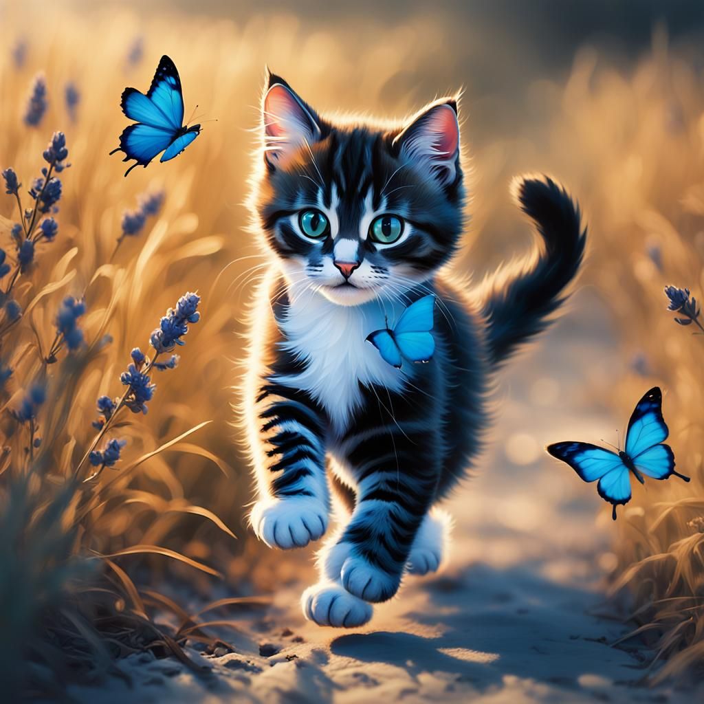 Kitten Chasing Butterfly in Bleak Impressionist Landscape