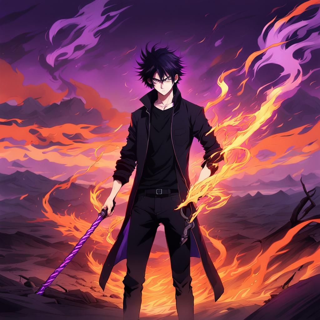 Anime Key Visual: Depressed Man with Fire Whip