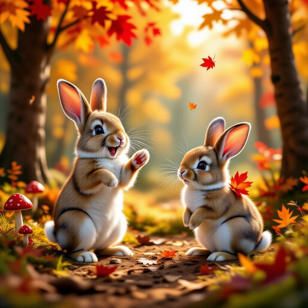Adorable Rabbits Play in Whimsical Autumn Forest