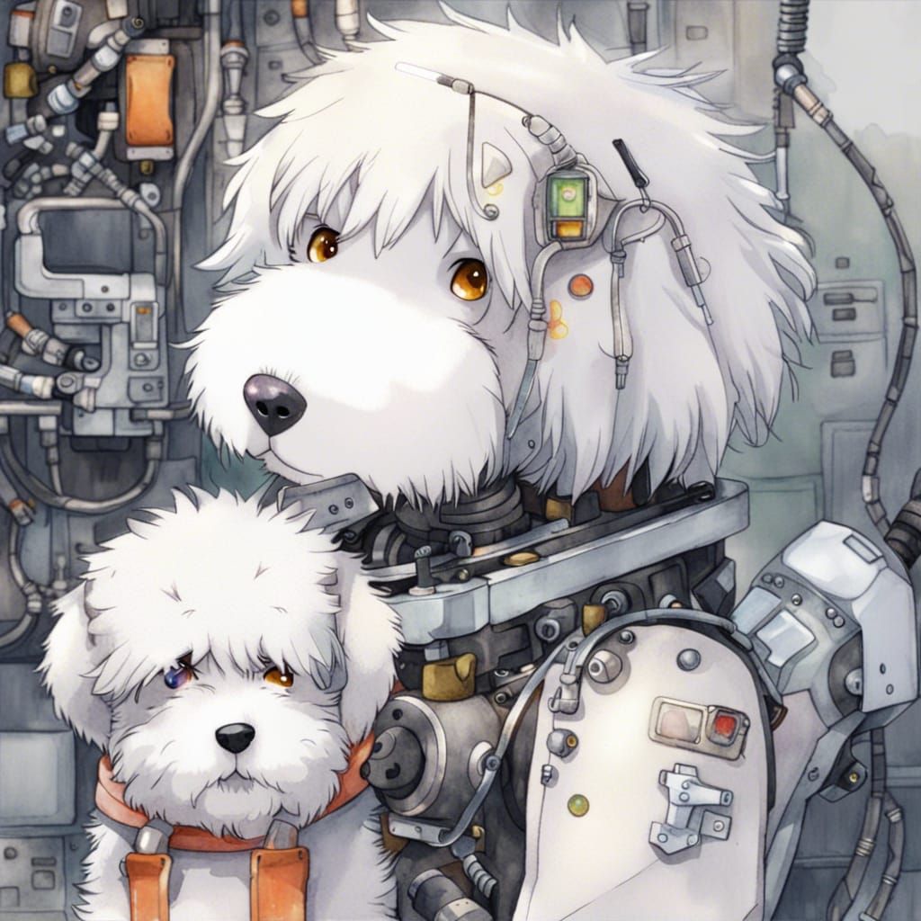 Robotic Sheepdog: Hi-Tech Android in Watercolor Style