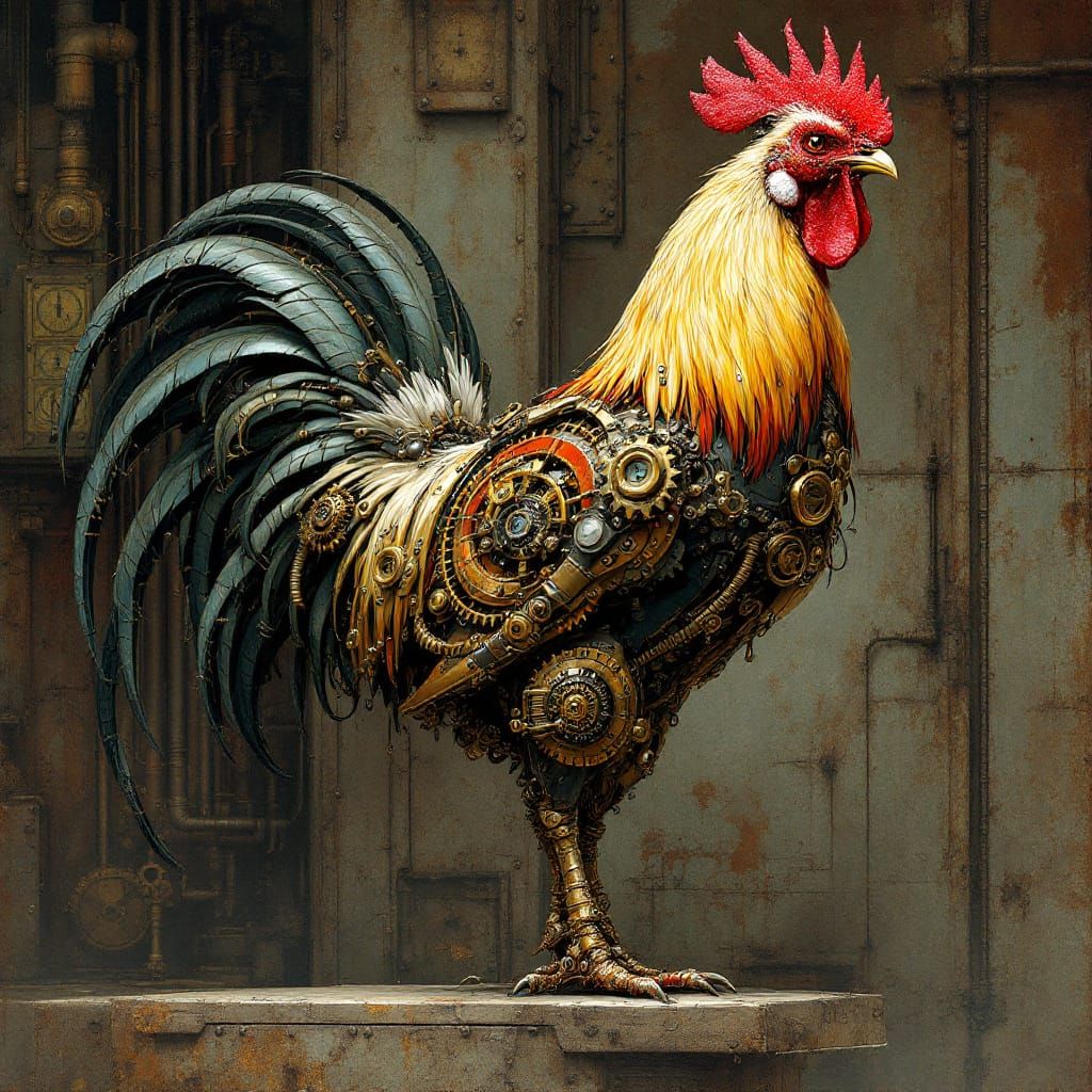 Steampunk Rooster Greets Winter Dawn in Biomechanical Style