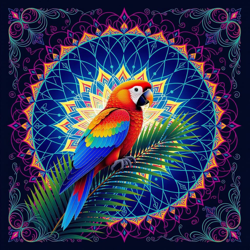 Psychedelic Parrot on Palm Tree Under UV Starlight