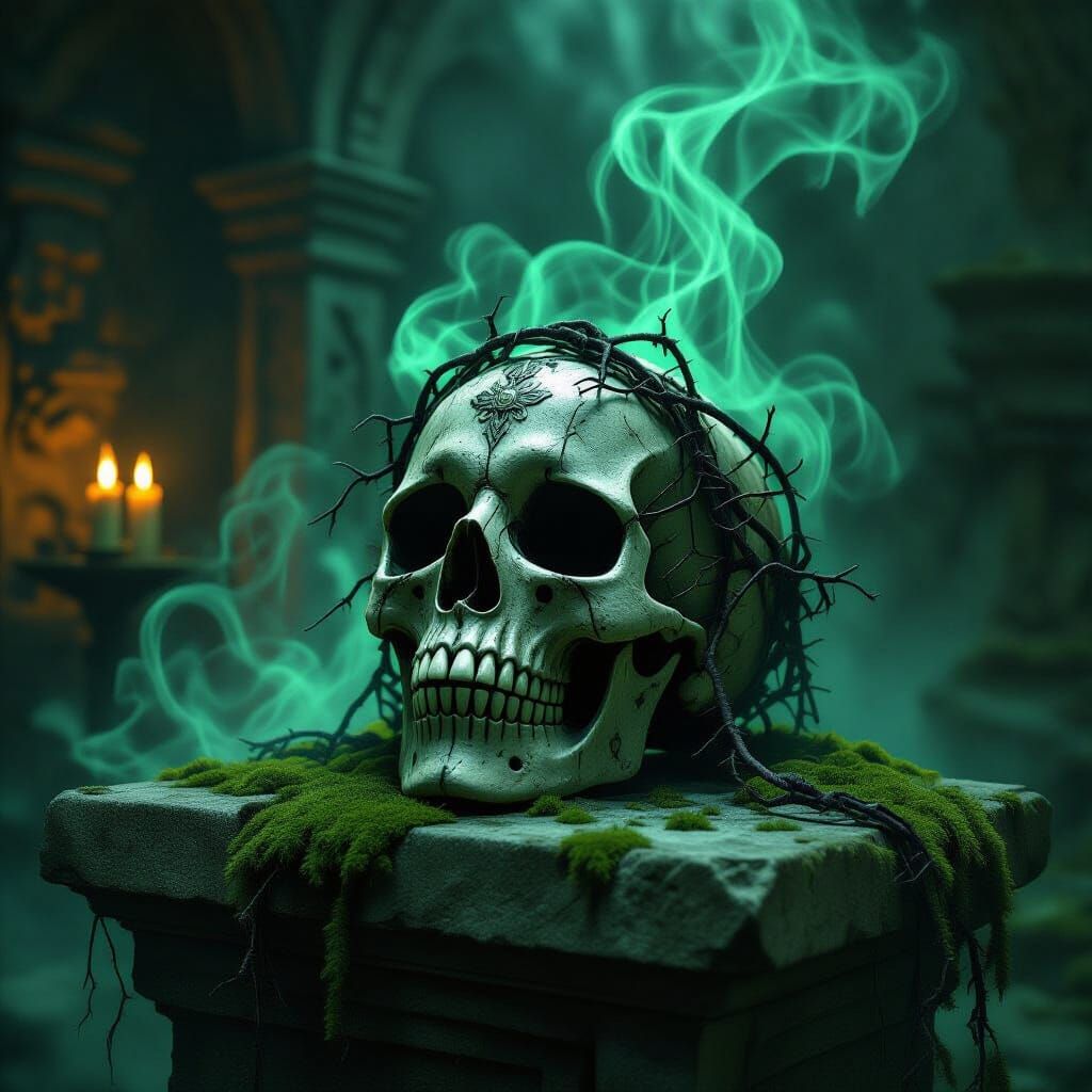 Ornate Bone Death Mask on Ancient Crypt Altar