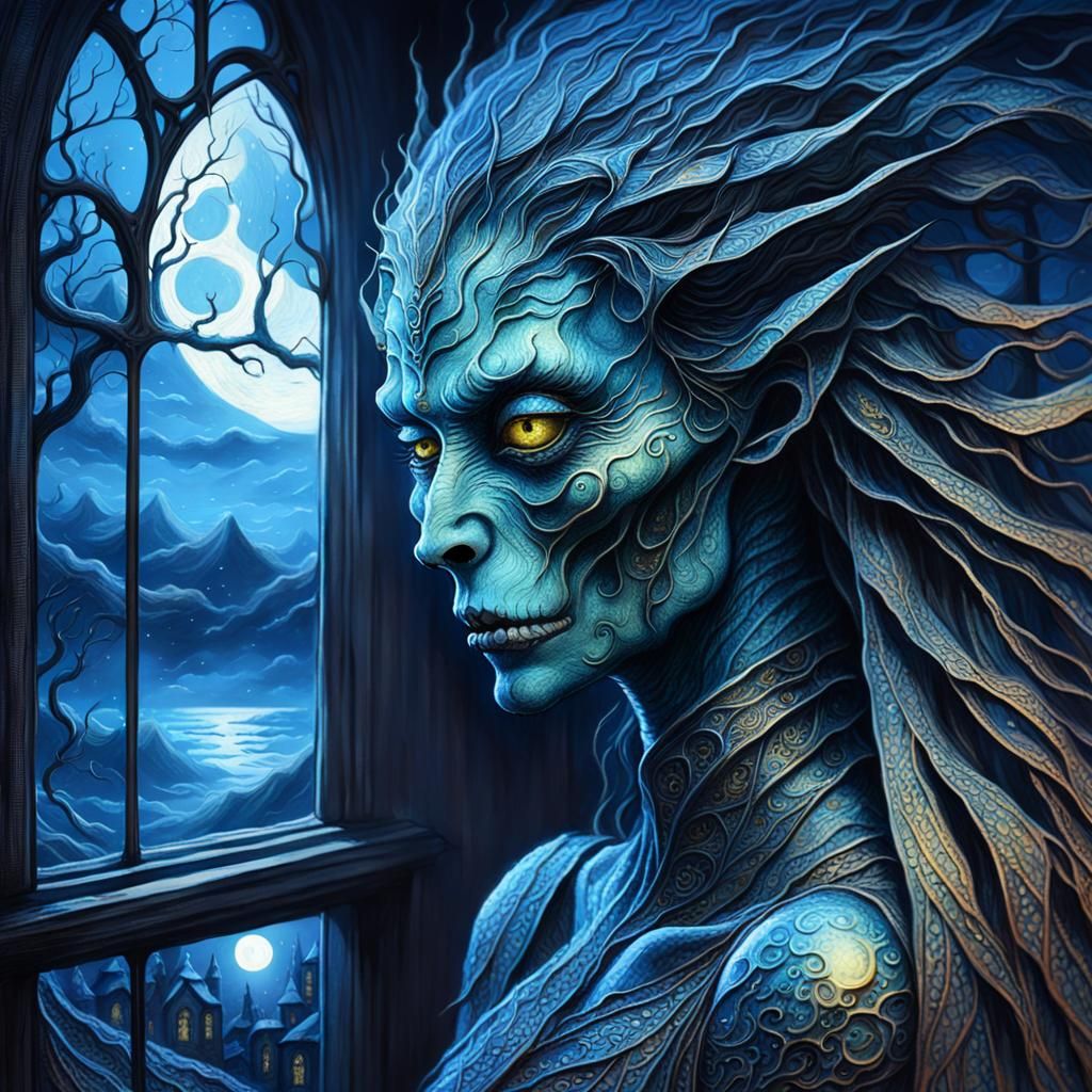 Eerie She-Demon Gazing Through Gothic Window